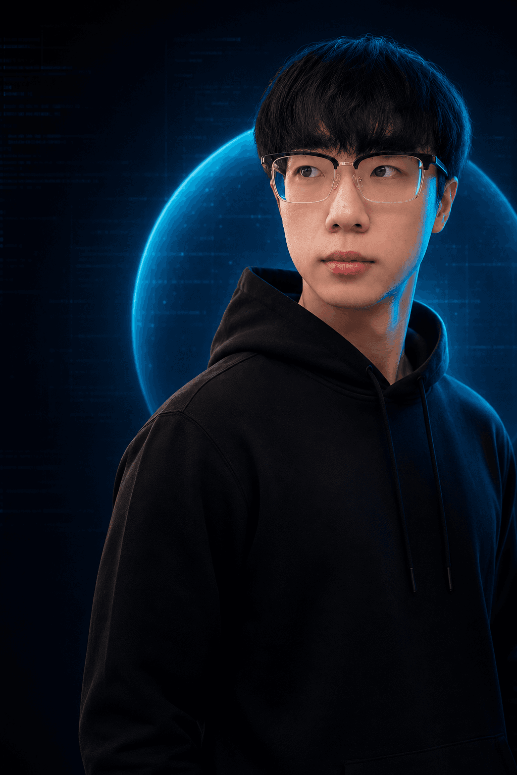 Luffy wearing a black hoodie in a blue technology studio